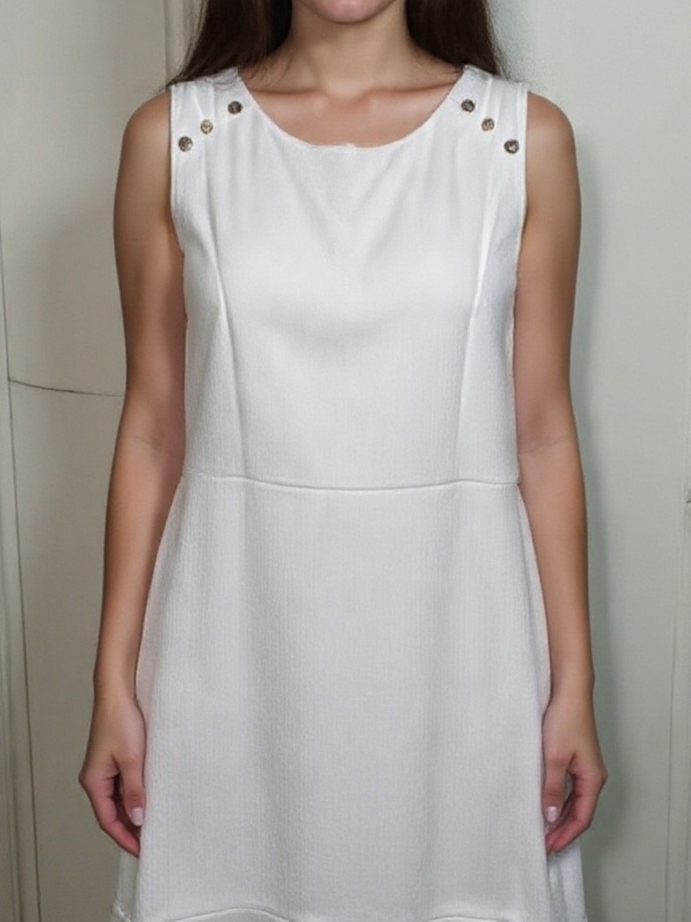 Classic Sleeveless White Mini Dress with Gold Button Detail